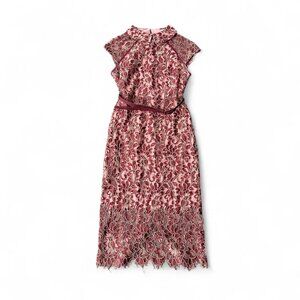 Burgundy and pink lace midi dress with a belt #specialoccasion   Eva mendes 6
